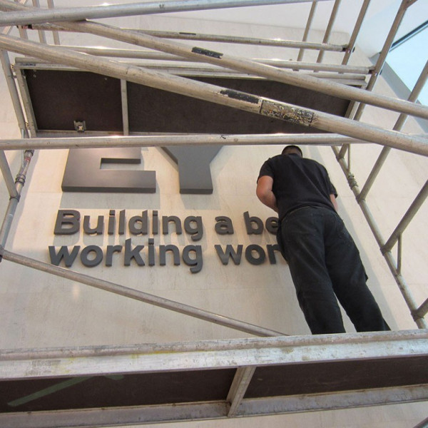 EY signage development - installation day of the Endpoint's brand implementation project